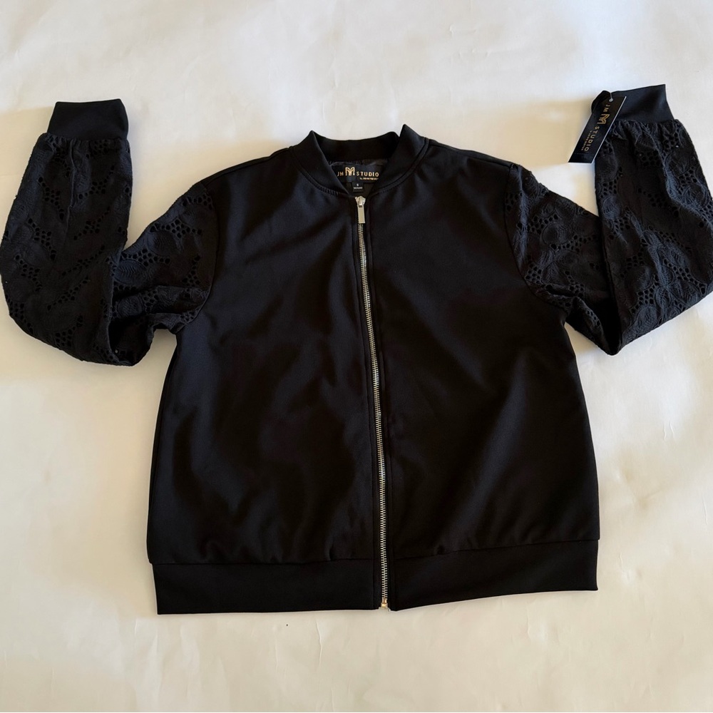 Stylish Black Lace Sleeve Bomber Jacket